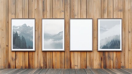 Fototapeta premium Two blank posters on wooden wall, modern style, mountain background. Concept of design and advertising. 3D Rendering