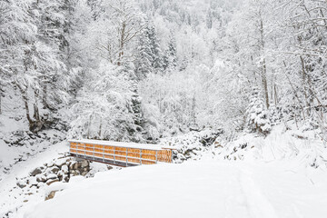 Small footbridge over mountain river, winter landscape on mountain hiking trail. Snowy trail and trees on winter day.