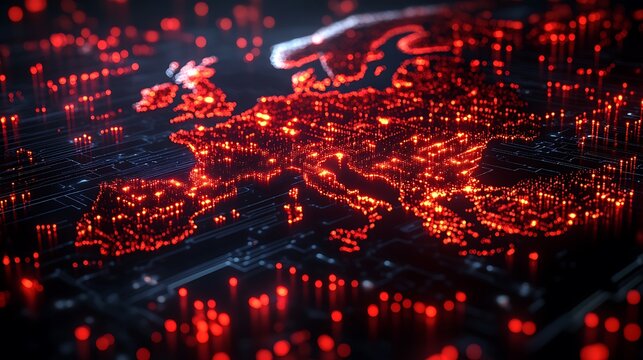 Conceptual digital map depicting cyber war on Europe with red alert security warnings and network threats