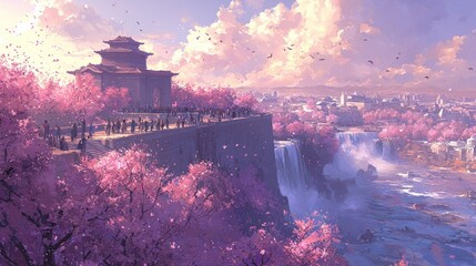 Serene Springtime Vista: Cherry Blossoms, Waterfall, and Ancient Pagoda