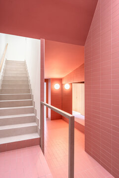 Vivid pink interior with sustainable design elements