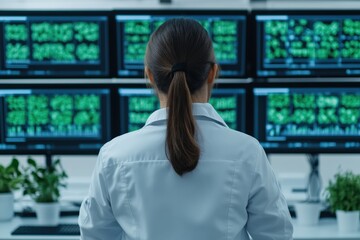 Scientist analyzing data on multiple computer screens in futuristic laboratory setting