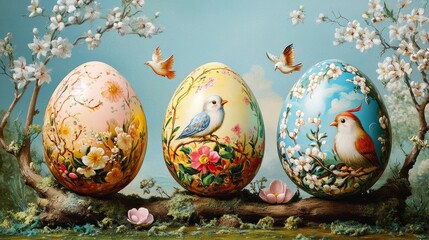Fototapeta premium Set of Easter eggs with painting. Spring joyful scenes are painted on the eggs. Rabbit jumping in the grass, birds flying, sitting on a branch of blossoming tree, sun, flowers. Vector illustration