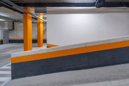 Modern underground parking with colorful vibrant design elements
