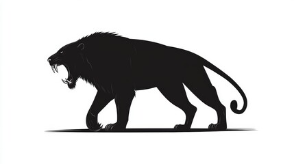 Obraz premium Black silhouette of the head and body of an angry saber-toothed lion, vector logo on a white background, simple shapes, flat design style, high contrast, bold lines, sharp edges, bold outline, minimal