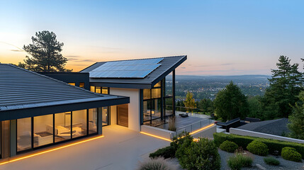 Obraz premium Modern Sustainable Architecture Exterior Illuminated House with Solar Panels Overlooking City at Sunset