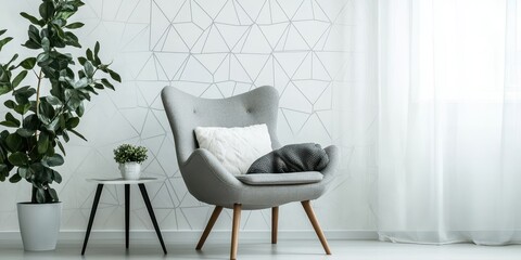 Fototapeta premium Comfortable modern room featuring an armchair and decorative plants