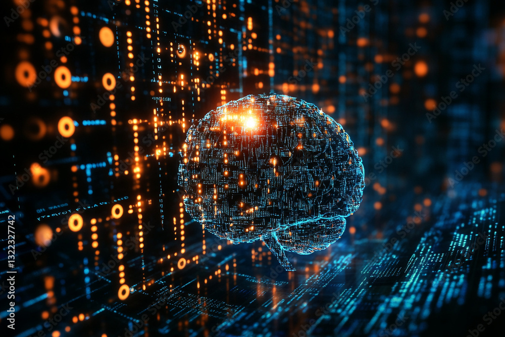 Poster abstract digital brain artificial intelligence network data concept 3d blue dark code tech cyber