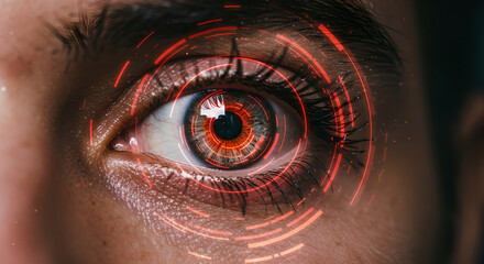 Woman with tech implant in her eye. Advanced technology. Futuristic vision and virtual reality. Eye with digital lines and HUD interface for science fiction.