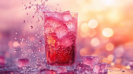 A tall glass, brimming with a vibrant crimson soda and ice cubes, held aloft in anticipation as a splash erupted from the glass, sending icy droplets dancing into the air.