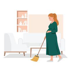Pregnant woman cleaning home in flat design vector art