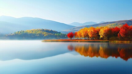  A lake bordered by forests with vibrant orange and yellow foliage in the foreground and majestic mountains behind