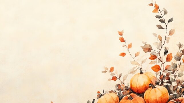 warm earthy tones and cozy fall aesthetic autumn harvest theme with pumpkins colorful leaves vintage botanical border and blank center space for seasonal decoration