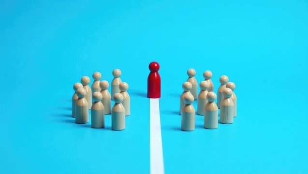 Mediator divides two opposing groups with a white line. Resolving the conflict through negotiation. De-escalating the dispute. Achieving a truce, ending confrontation.