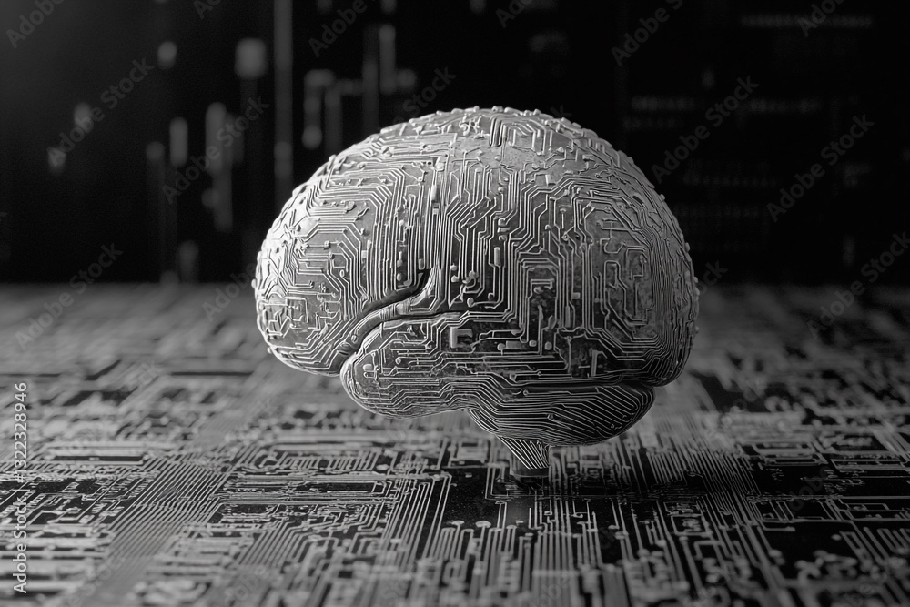 Poster abstract digital brain circuitry technology concept image 3d chip data grey model future render