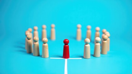 Obraz premium Mediator divides two opposing groups with a white line. Conflict resolution through negotiations. Dispute de-escalation. Establishing a truce, concluding confrontation.
