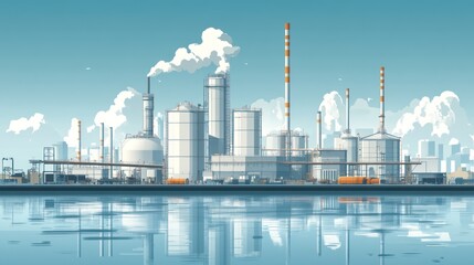 Industrial complex reflected in calm water.