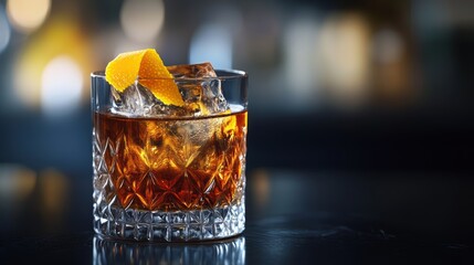 A crystal glass, adorned with an orange peel, held a rich amber liquid - a classic Old Fashioned, its dark hue contrasting beautifully against a sleek black background, exuding an aura of
