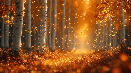 Golden autumn leaves falling in a birch forest.