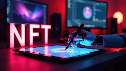 NFT Non-Fungible Token. A robotic hand produces crypto art using a graphics tablet. A futuristic narrative for content creation in the metaverse.