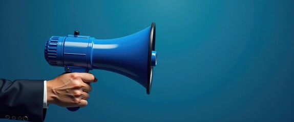 Hands holding a loudhailer. Concept of announcement, advertising, and public hearing. Mockup design featuring a loudspeaker, with a background providing blank space for copy.