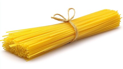 Bunch of spaghetti tied with rope on white background