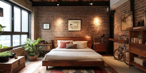 A stylish bedroom with brick walls and modern furnishings