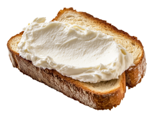 single slice of toasted bread spread with cream cheese isolated on transparent background
