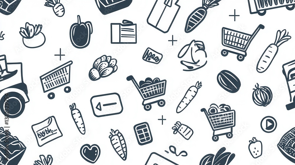 Poster explore a seamless pattern of grocery-themed icons featuring shopping carts and fresh vegetables in 