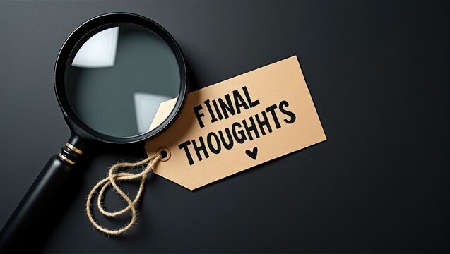 A magnifying glass next to a note displaying the words final thoughts, indicating the concluding reflections at the end of a written piece.