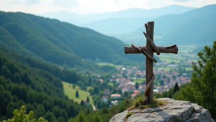 New Christian cross situated on the rock overlooking the village below the rock.