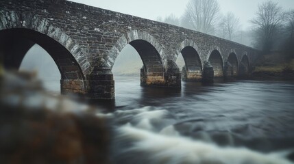 Fototapeta premium A misty old stone bridge arches over a rushing river, enveloped in an atmospheric fog, creating an aura of mystery and history.