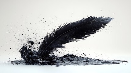 Artistic quill frozen in motion above a radiant pool of ink on a clean white backdrop