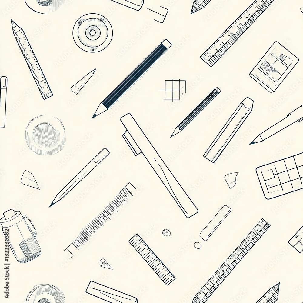 Leinwandbilder Seamless pattern background showcasing design tools in a soft monochrome palette for creative projects and professional design work
