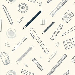 Obraz premium Seamless pattern background showcasing design tools in a soft monochrome palette for creative projects and professional design work