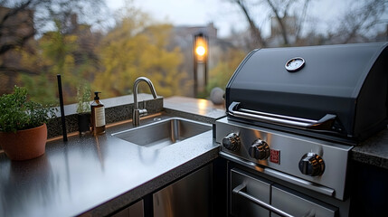Outdoor kitchen with sink and grill