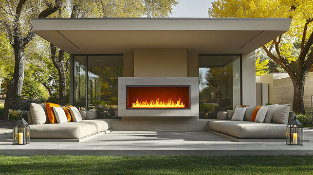 Outdoor living space with a modern fire pit. A contemporary patio area features a stylish fire pit, comfortable lounge seating, and a covered structure.