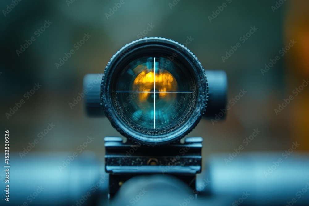 Poster sharp focus through a rifle scope captures a stunning sunset with vibrant colors on the horizon and 