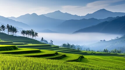 Fototapeta premium Lush Green Terraced Rice Fields Under Misty Mountains at Sunrise with Palm Trees in Background