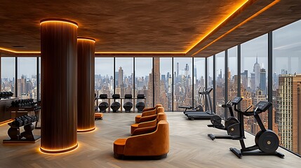 Modern penthouse gym with city view