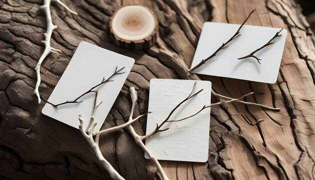 Two white cards are placed on a tree trunk, with a few dried branches on the side, in a natural light setting. The tree trunk's texture is visible, with its rings and cracks adding depth to the compos