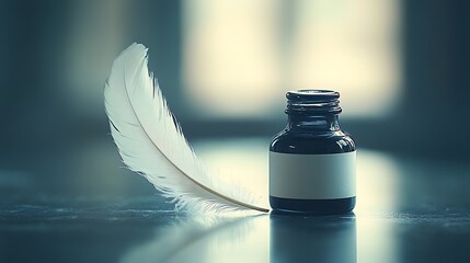 Gentle quill pen poised above reflective ink creating a calming white-toned scene