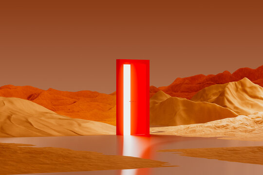 Red door stands in a surreal landscape