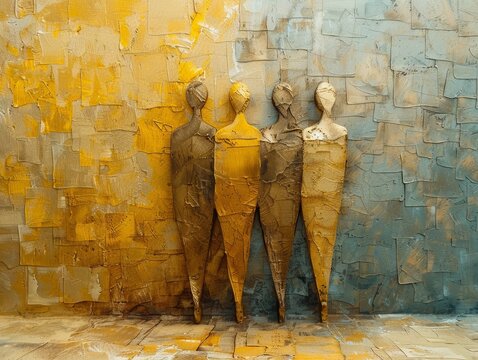 Abstract representation of parable with golden coins and workers as shapes