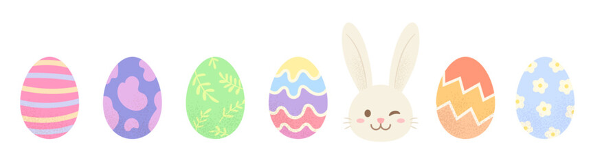 Colorful Easter Eggs and cute bunny for Easter Holiday. Painting eggs for decoration isoated on white backgroud.Concept of eggs hunt activity. Flat vector illustration.
