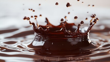 A crown of molten, shimmering chocolate, its surface fractured by an unseen impact, cascaded down onto a pristine white canvas, leaving behind a mesmerizing trail of swirling ripples.
