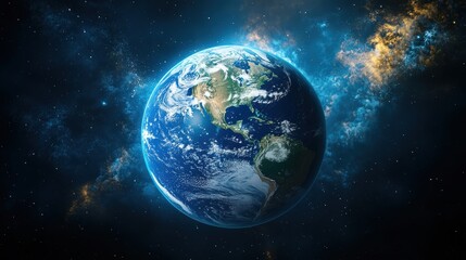 Obraz premium A 3D illustration reveals a vibrant Earth, with North America and South America taking center stage. The continents appear as distinct landmasses, their borders clearly defined, against a backdrop of