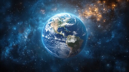 Obraz premium A 3D illustration reveals a vibrant Earth, with North America and South America taking center stage. The continents appear as distinct landmasses, their borders clearly defined, against a backdrop of