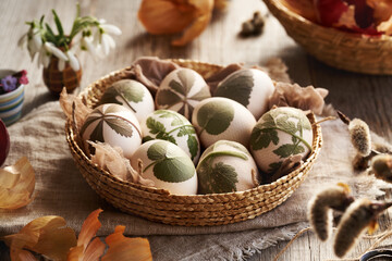 Easter eggs ready to be dyed with onion peels with a pattern of fresh leaves
