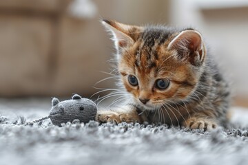 Fototapeta premium Adorable Baby Kitten Playing with Gray Mouse Toy in Cozy Living Room Environment